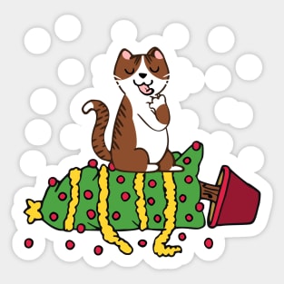 white tabby cat knocked the christmas tree Sticker